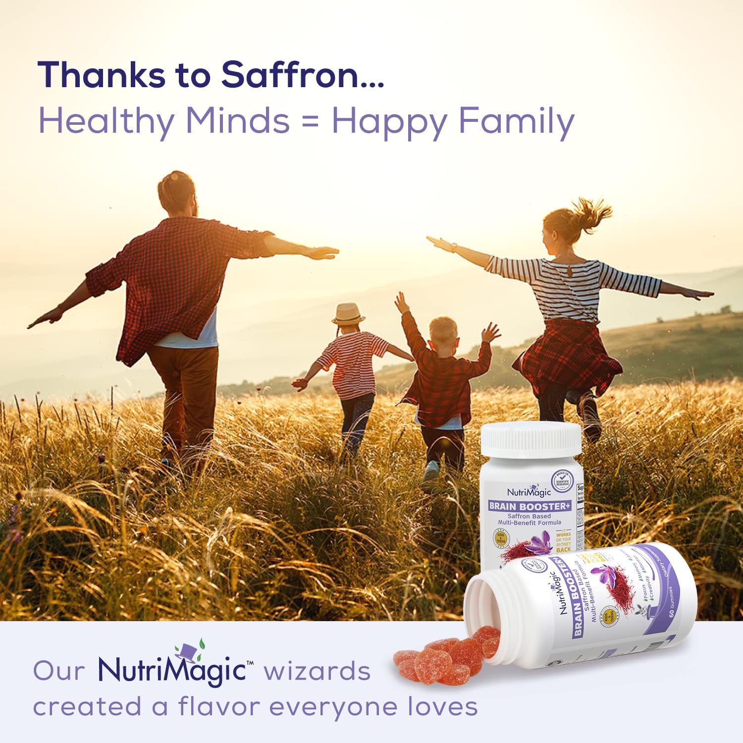 NutriMagic Kids Brain Booster+ – Gominolas de Azafrán con Multivitamínico para Niños (2 Paquetes, 60 Dosis)