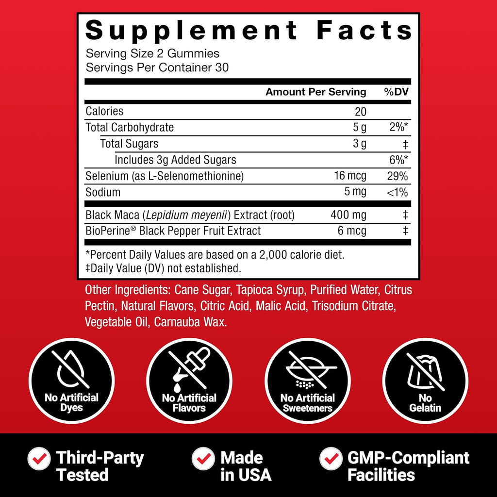 Force Factor Black Maca Gummies - Gominolas de Maca Negra con BioPerine y Selenio