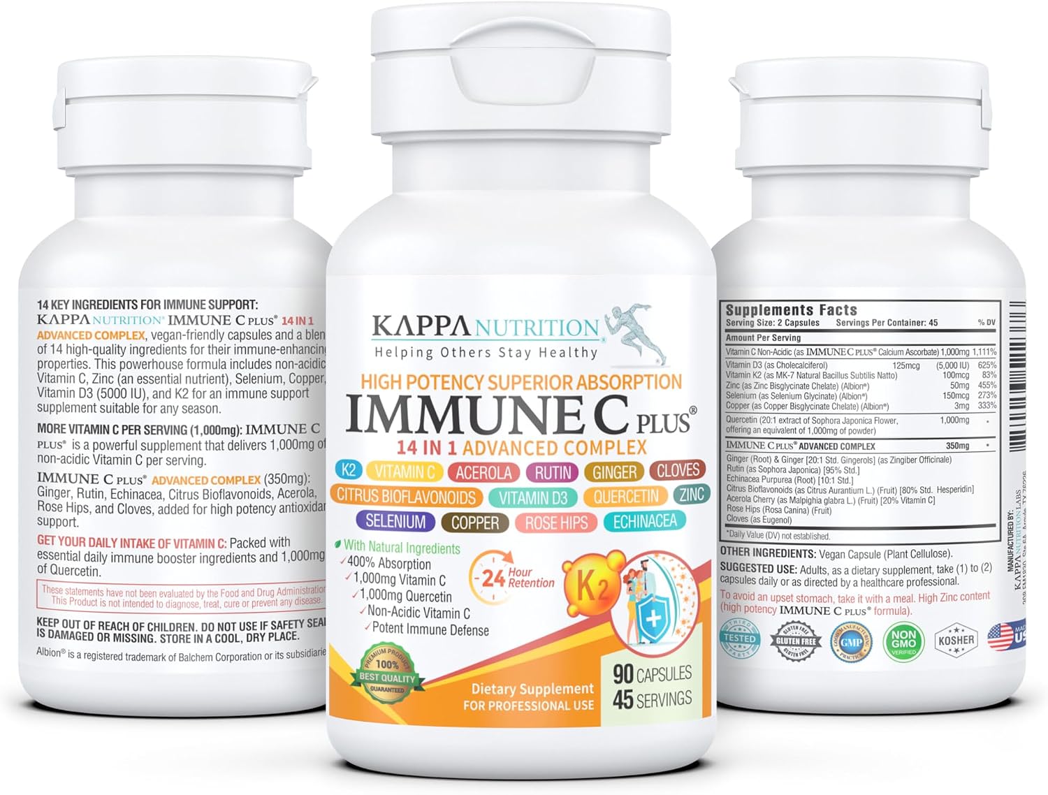 Kappa Nutrition Immune C Plus - Complejo de 14 ingredientes con Quercetina, Vitamina C, Zinc, Vitamina D3, Selenio, Cobre y más (90 cápsulas)