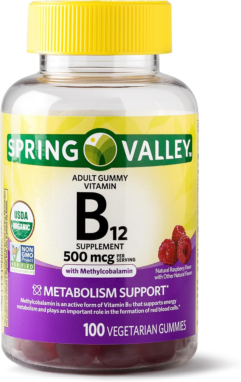 Spring Valley Gomitas de Vitamina B12 para Adultos, Apoyo Metabólico, Sabor Fruta Natural, 100 Gomitas