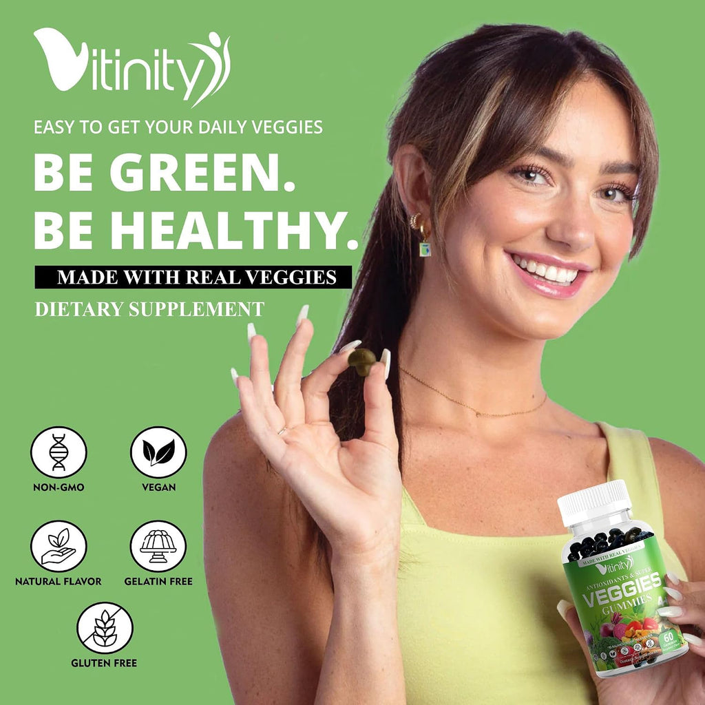 VITINITY Super Greens Multivitamin Gummies - 30 Superalimentos para Adultos y Niños - Sin OGM, Sin Gluten, Sin Azúcar