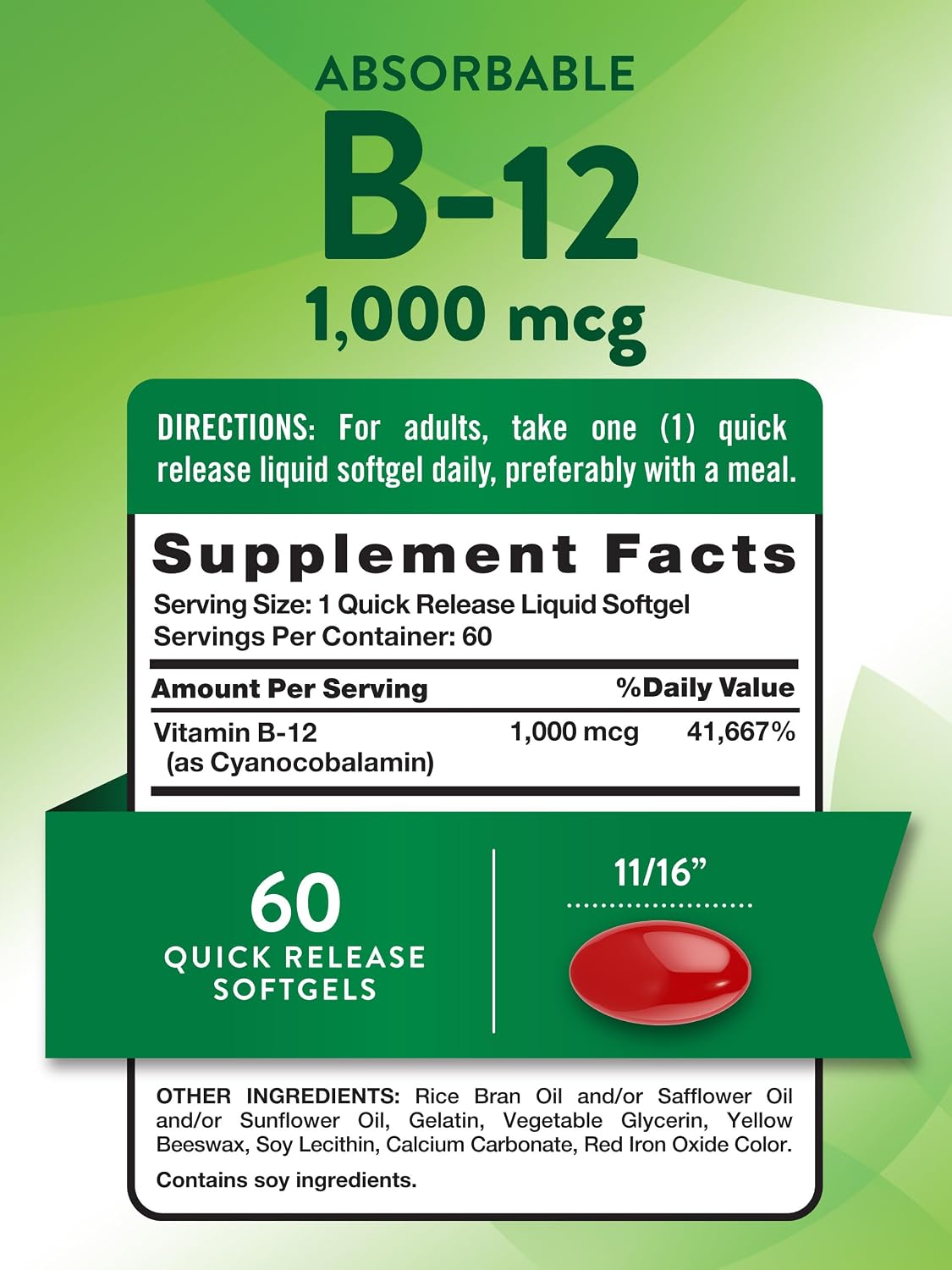 Nature's Truth Vitamina B12 1000 mcg - 60 Cápsulas Blandas de Liberación Rápida - Sin Gluten y No-GMO