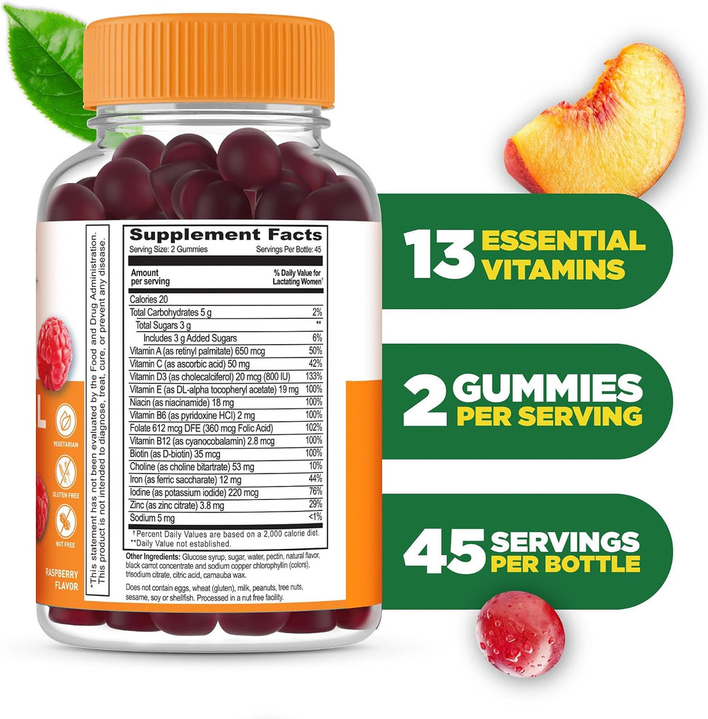 Lifeable Multivitamínico Postnatal con Hierro, Colina y Yodo | Vitaminas Postnatales para Mujeres en Lactancia | Gomitas Vegetarianas No-GMO | 90 Gomitas