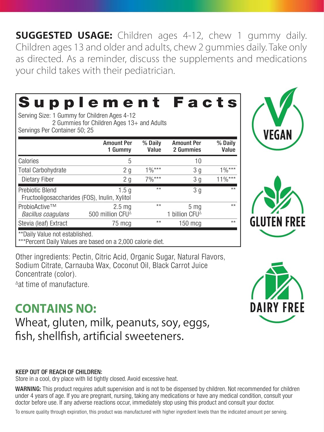 Rainbow Light Probiotic Gummies | 50 Gomitas | Simbiótico Avanzado con Prebiótico | para Hombres, Mujeres y Niños | Apoya la Salud Digestiva e Inmune