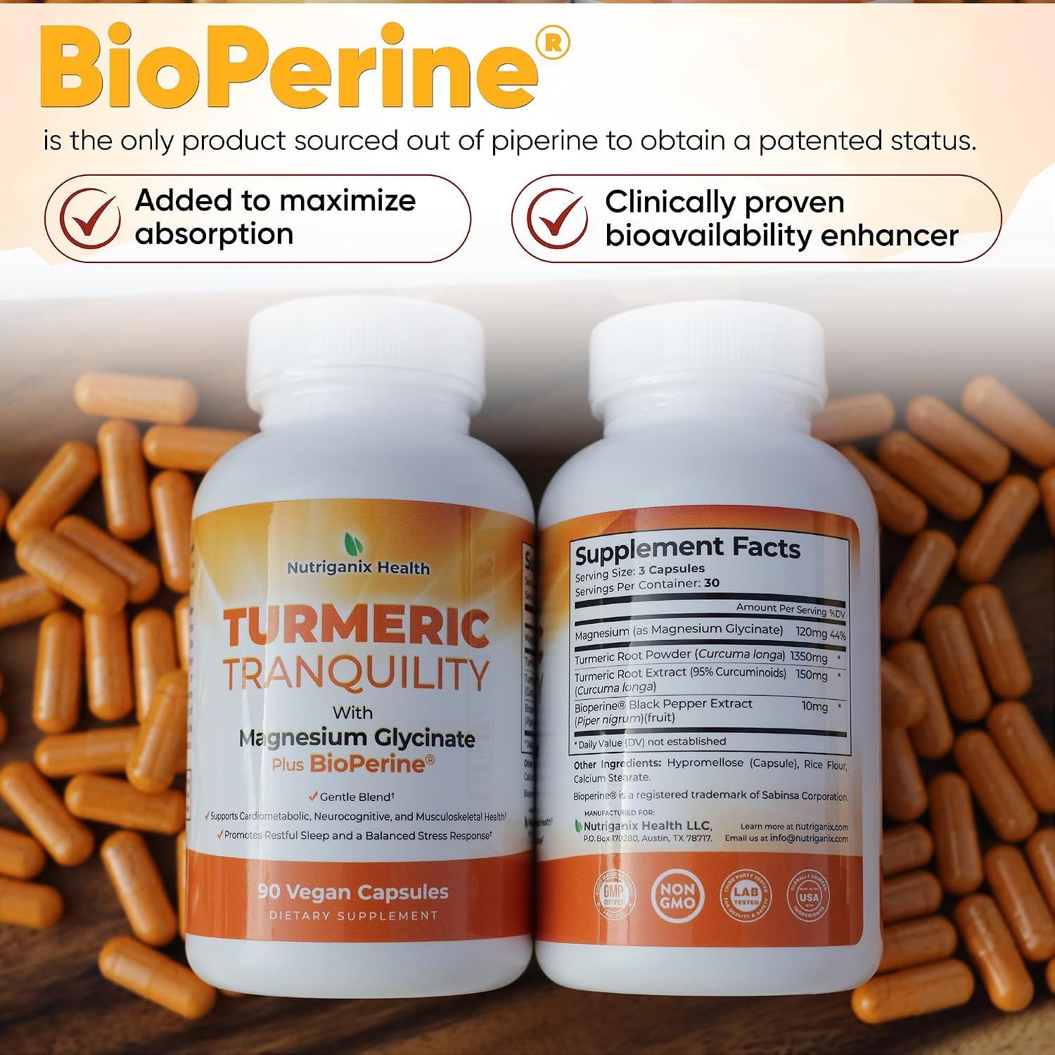 Turmeric Tranquility Cúrcuma Curcumina y Magnesio Glicinato con BioPerine – Alto Poder de Absorción – 90 Cápsulas