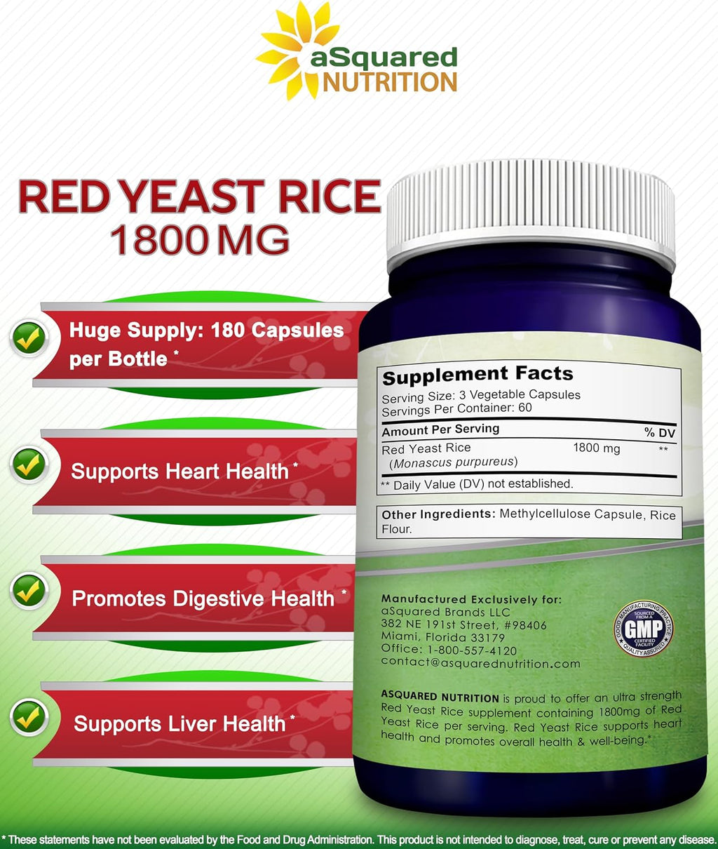 aSquared Nutrition Red Yeast Rice 1800mg - 180 Vegetarian Capsules