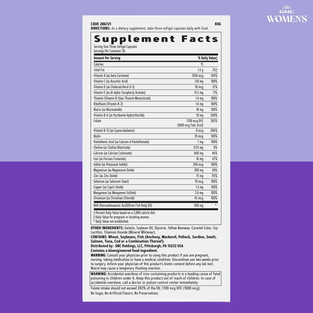 GNC Women's Prenatal Multivitamin con DHA y Hierro - 90 Cápsulas Blandas