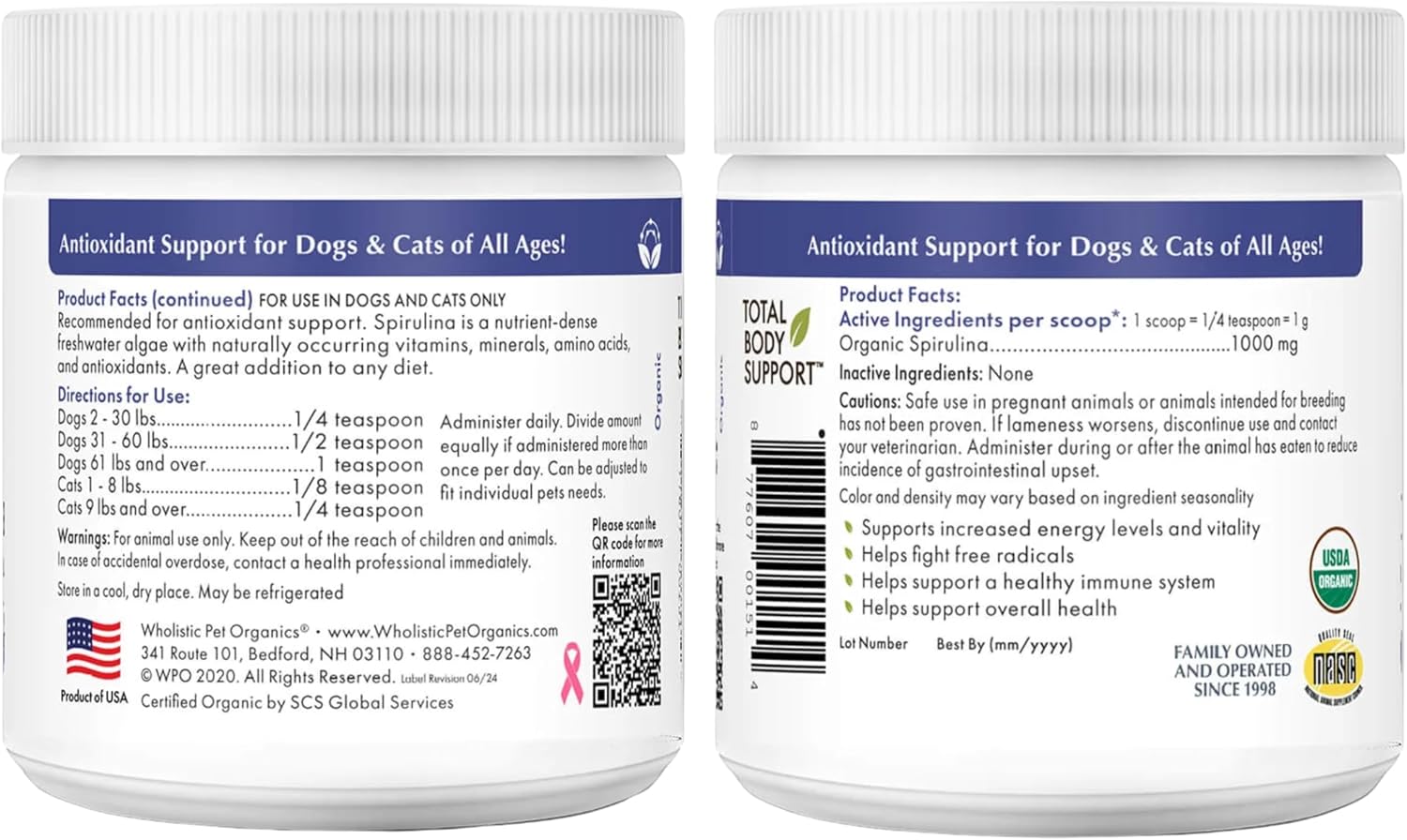 Wholistic Pet Organics Espirulina en Polvo para Perros y Gatos - 85 Dosis