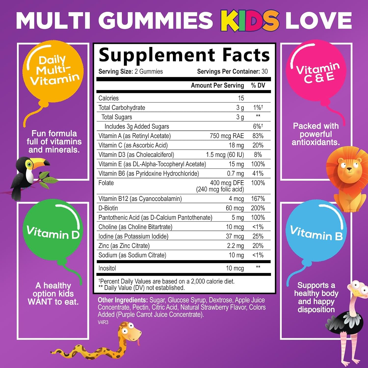 Multivitamínico Infantil Gomitas - Complejo de Vitaminas Diarias para Niños con Vitamina D, Vitaminas B, Zinc y Más - Apoyo Energía, Memoria y Sistema Inmunológico - Sabor Bayas Natural - 60 Gomitas