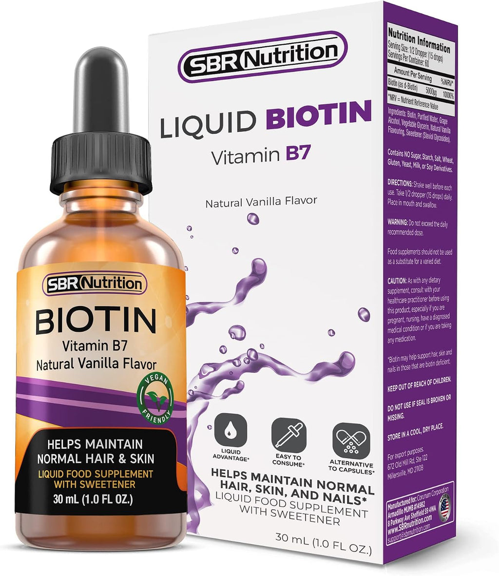 SBR Nutrition Gotas Líquidas de Biotina, 5000mcg por Dosis (60 Dosis) 30ml - Vainilla