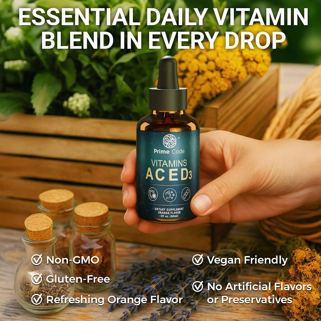 Prime Code Vitamin A Líquido con Vitaminas C, E y D3 - Complemento Alimenticio en Gotas, Sabor Naranja Natural