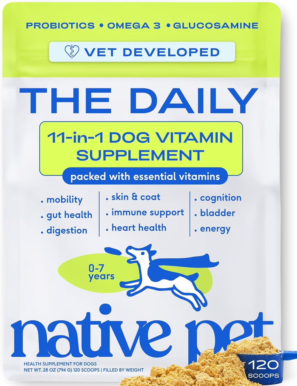 Native Pet The Daily Dog - Vitaminas y Suplementos Diarios para Perros - Multivitamínico en Polvo 11 en 1 - Apoya la Salud General, Digestión, Movilidad e Inmunidad con Colágeno, Glucosamina y Probióticos – 120 Dosis