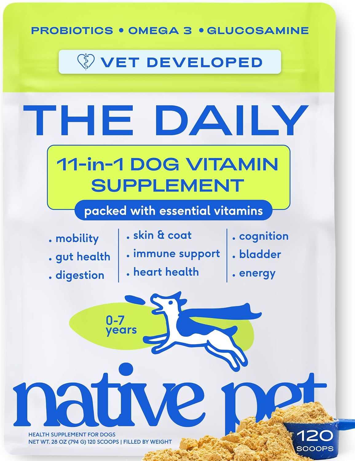 Native Pet The Daily Dog - Vitaminas y Suplementos Diarios para Perros - Multivitamínico en Polvo 11 en 1 - Apoya la Salud General, Digestión, Movilidad e Inmunidad con Colágeno, Glucosamina y Probióticos – 120 Dosis