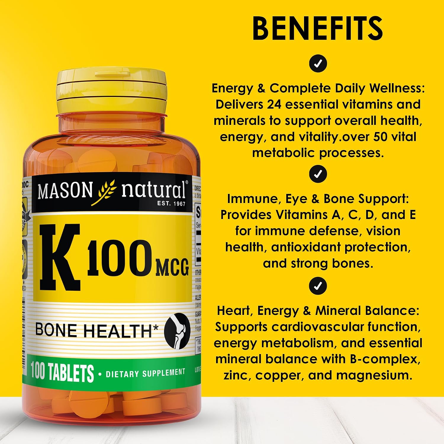 Mason Natural Vitamina K1 100 mcg – 100 Comprimidos (Fitomenadiona)
