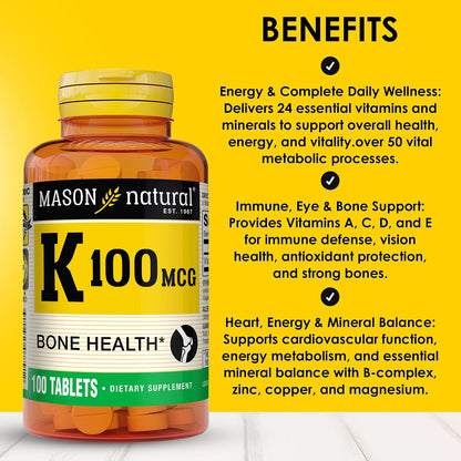 Mason Natural Vitamina K1 100 mcg – 100 Comprimidos (Filoquinona) – Image 2