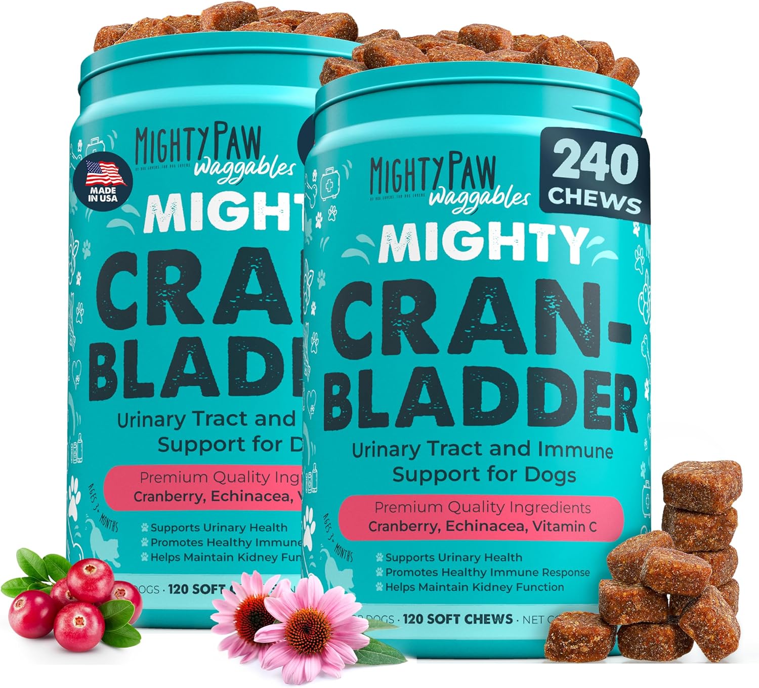 Mighty Paw Waggables Cran-Bladder (2-Pack) – Suplemento de Arándano para Perros, 240 Chews Blandos sabor Bacon