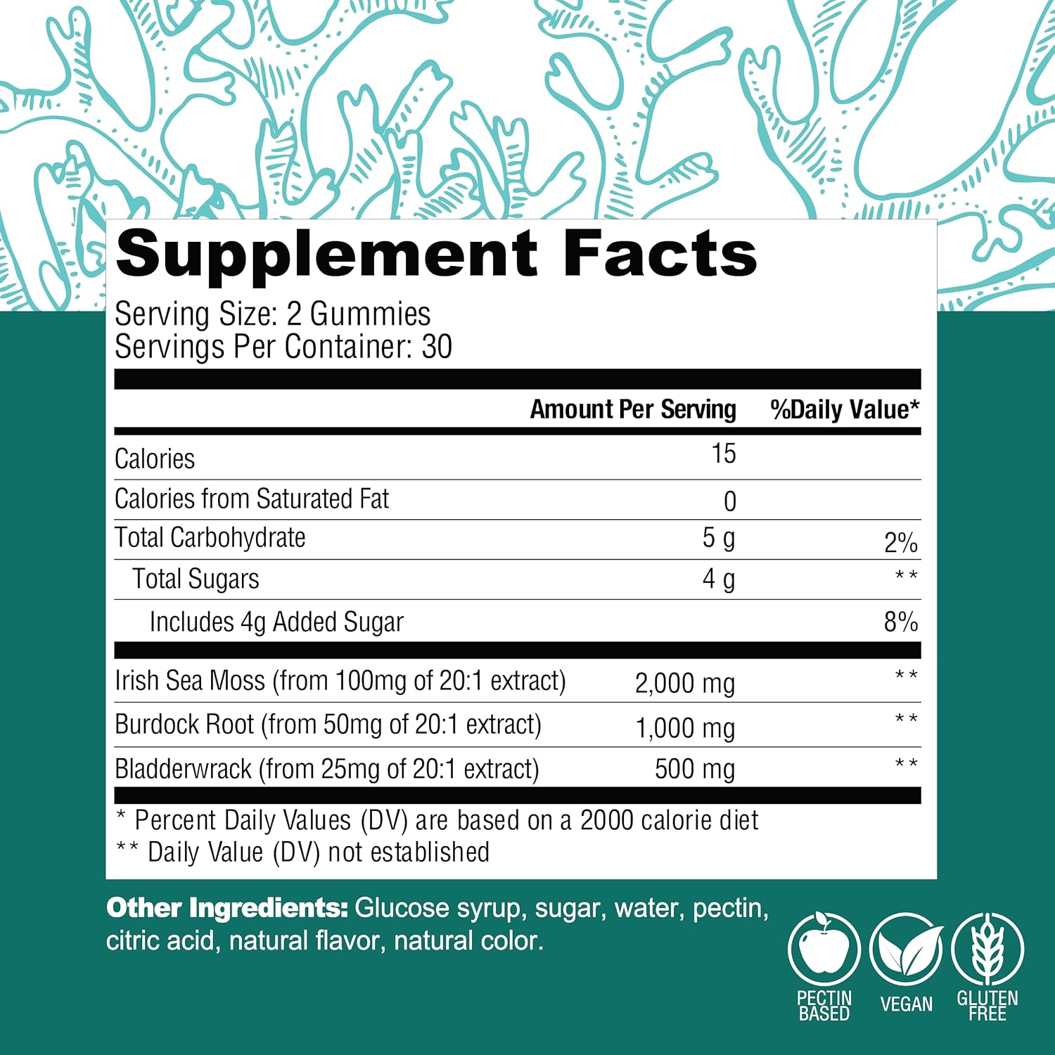 Country Farms Irish Sea Moss Gummies - 2000mg con Bardana y Fucus - Vegano y Sin Gluten - Sabor Manzana Verde