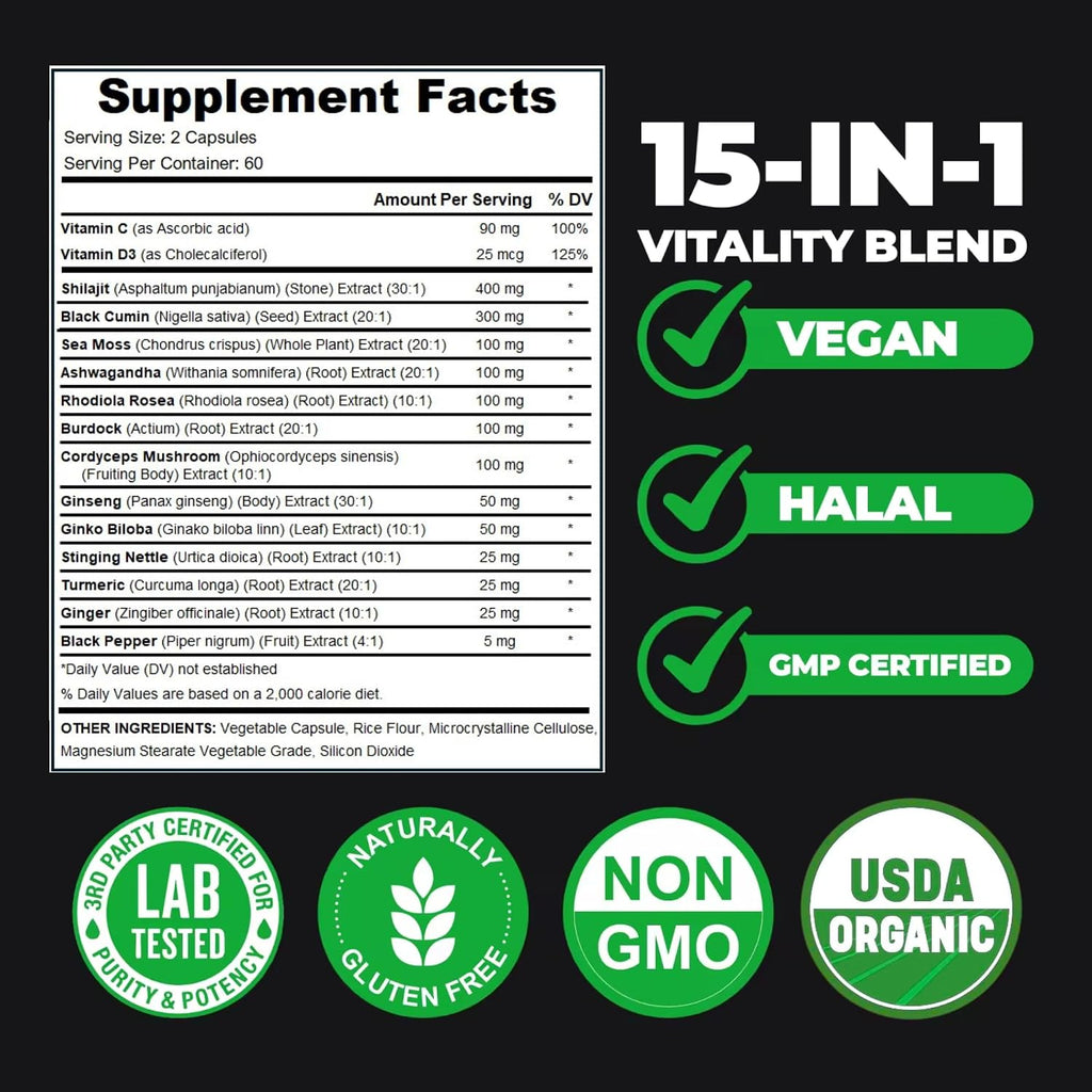AyBet Shilajit Orgánico Himalayo - 15 Ingredientes - 120 Cápsulas
