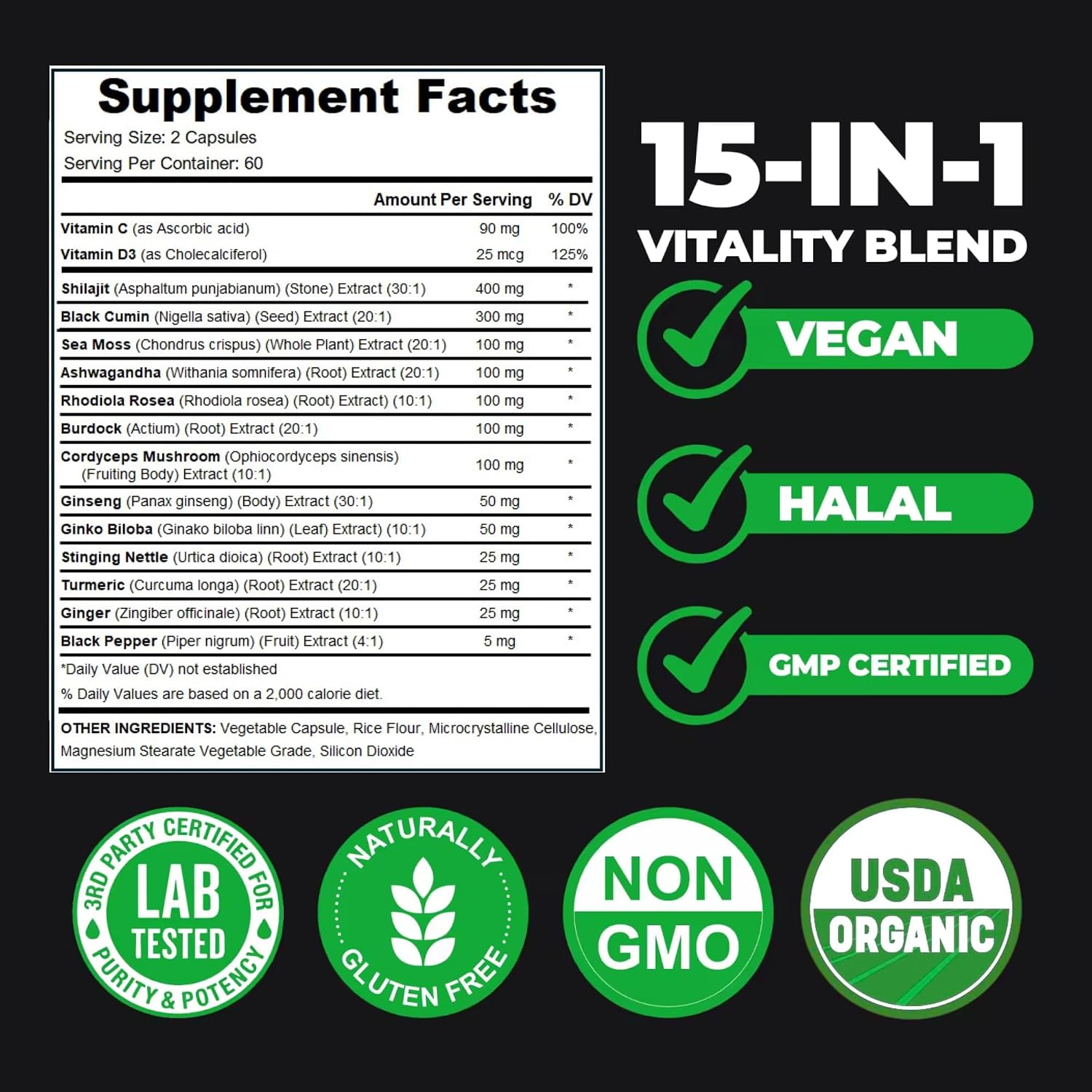 AyBet Shilajit Orgánico Himalayo - 15 Ingredientes - 120 Cápsulas