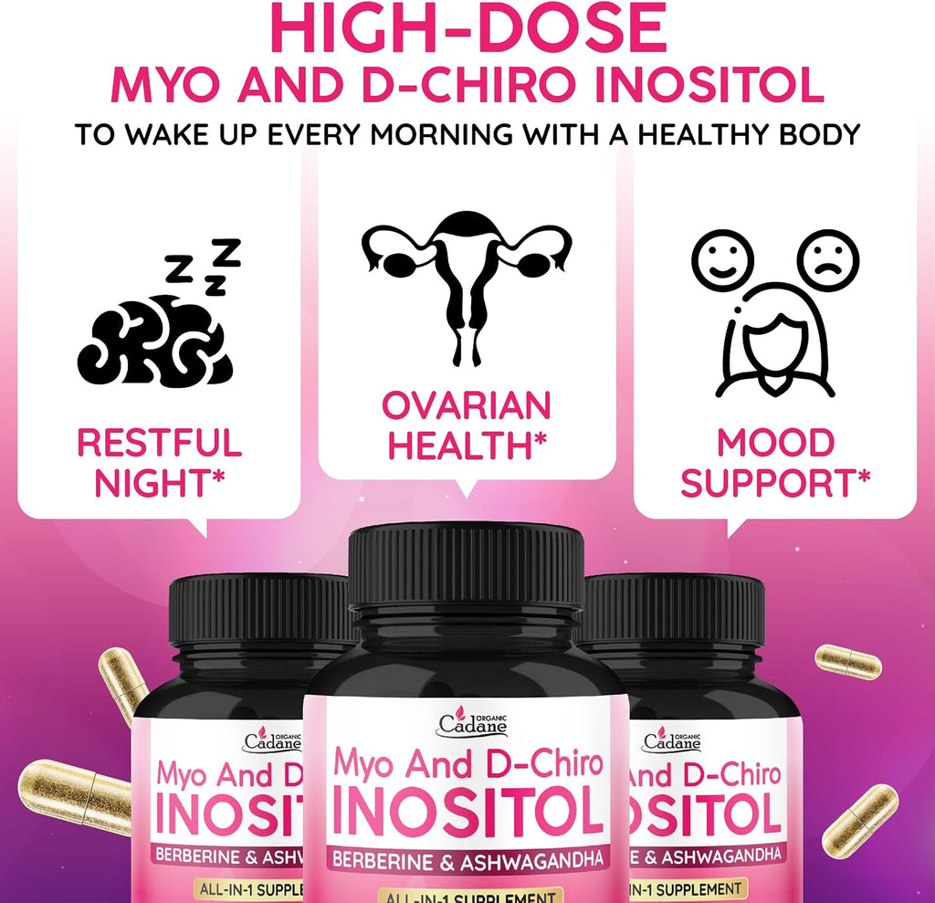Organic Cadane Myo & D-Chiro Inositol Supplement con Ashwagandha, Maca, Chasteberry, Berberine y Black Pepper | 90 Cápsulas Veganas