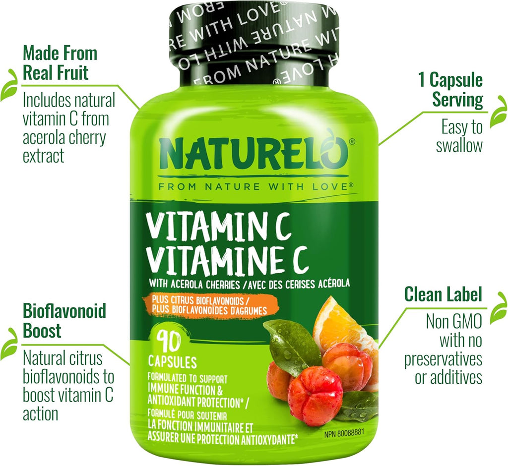 NATURELO Vitamin C with Organic Acerola Extract and Citrus Bioflavonoids - Vegan Supplement - 500 mg per Capsule - 90 Capsules