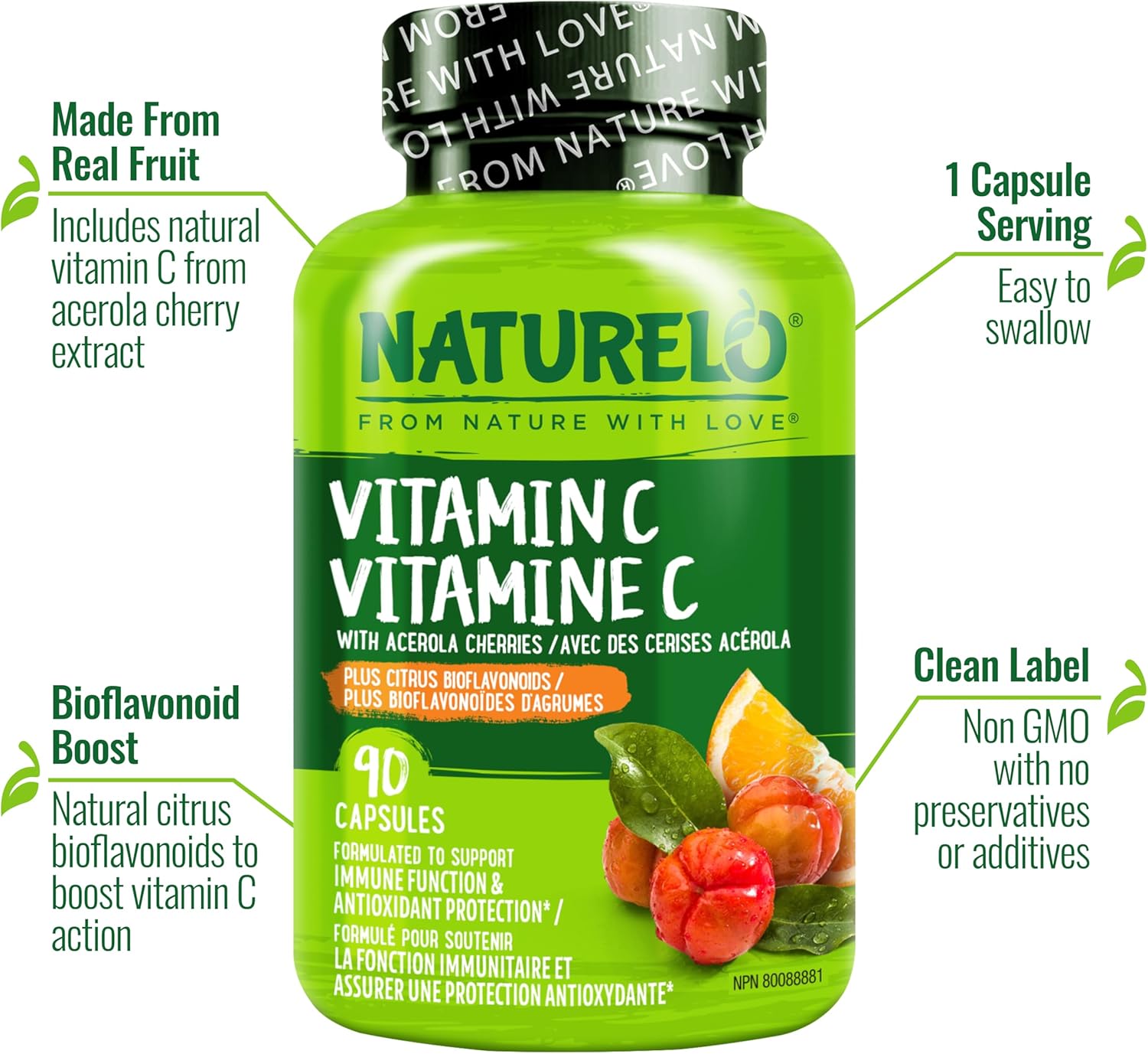 NATURELO Vitamin C with Organic Acerola Extract and Citrus Bioflavonoids - Vegan Supplement - 500 mg per Capsule - 90 Capsules