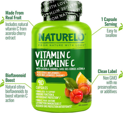 NATURELO Vitamina C con Extracto de Acerola Orgánica y Bioflavonoides Cítricos - Complemento Vegano - 500 mg por Cápsula - – Image 3