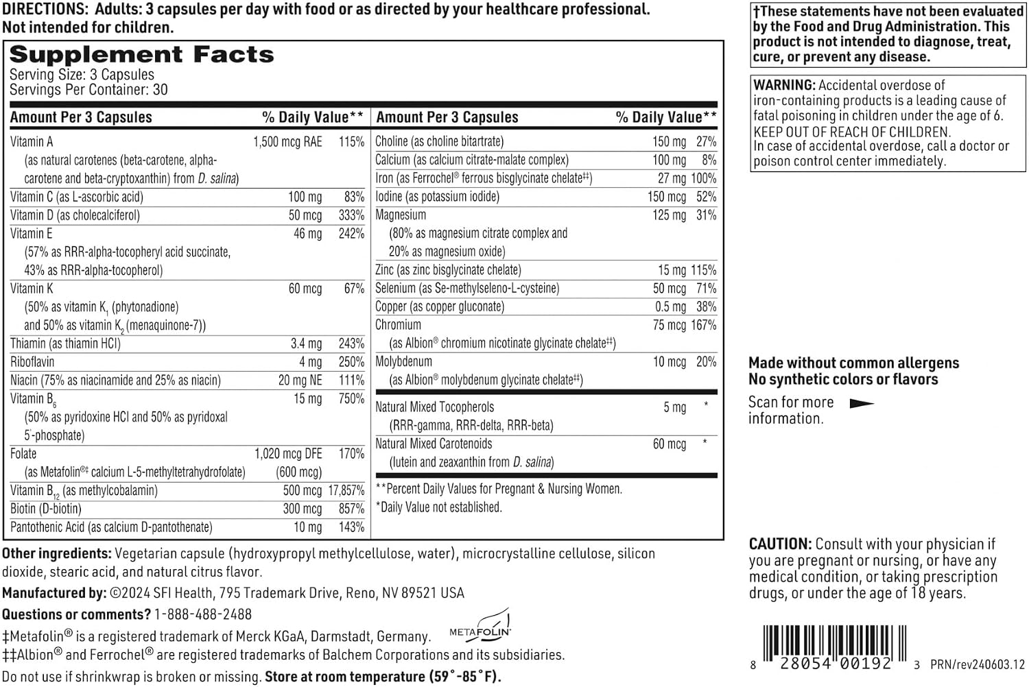 SFI Health Klaire Labs Prenatal & Nursing Multivitamin - Complejo Multivitamínico Prenatal con Hierro (90 Cápsulas)