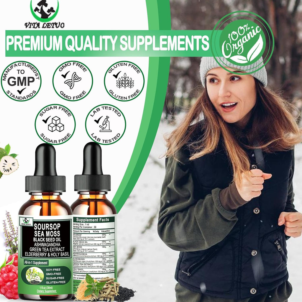 Vita letuo Soursop Drops - Suplemento Líquido Multivitamínico y Mineral con Soursop, Sea Moss, Black Seed Oil, Ashwagandha y Más (30 Dosis)