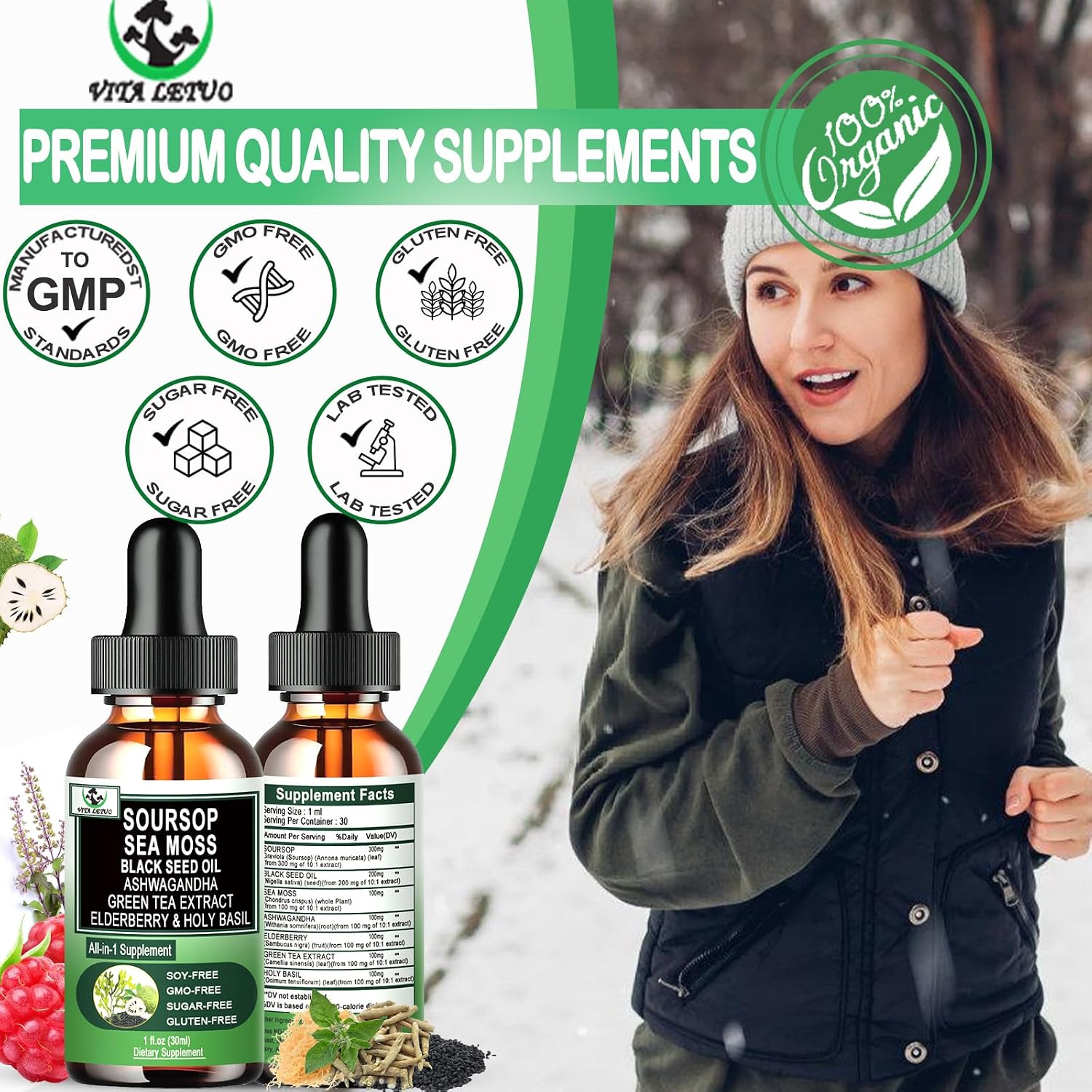 Vita letuo Soursop Drops - Suplemento Líquido Multivitamínico y Mineral con Soursop, Sea Moss, Black Seed Oil, Ashwagandha y Más (30 Dosis)