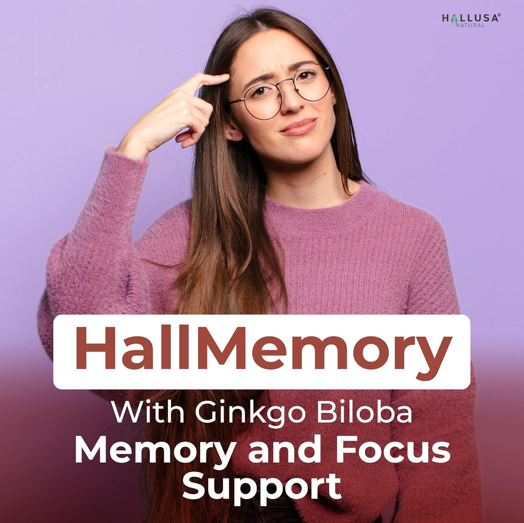 Hallusa Natural Brain Health Supplement - Memoria y Concentración con Ginkgo Biloba, Colina y Complejo B - 60 Cápsulas