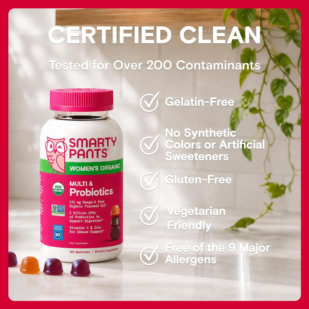 SmartyPants Gominolas Multivitamínicas Orgánicas para Mujeres con Biotina, Probióticos, Metilfolato, Omega 3 (ALA), Vitamina D3, C, B12, B6, A, K, Zinc e Inositol - 120 Gominolas (30 Días)