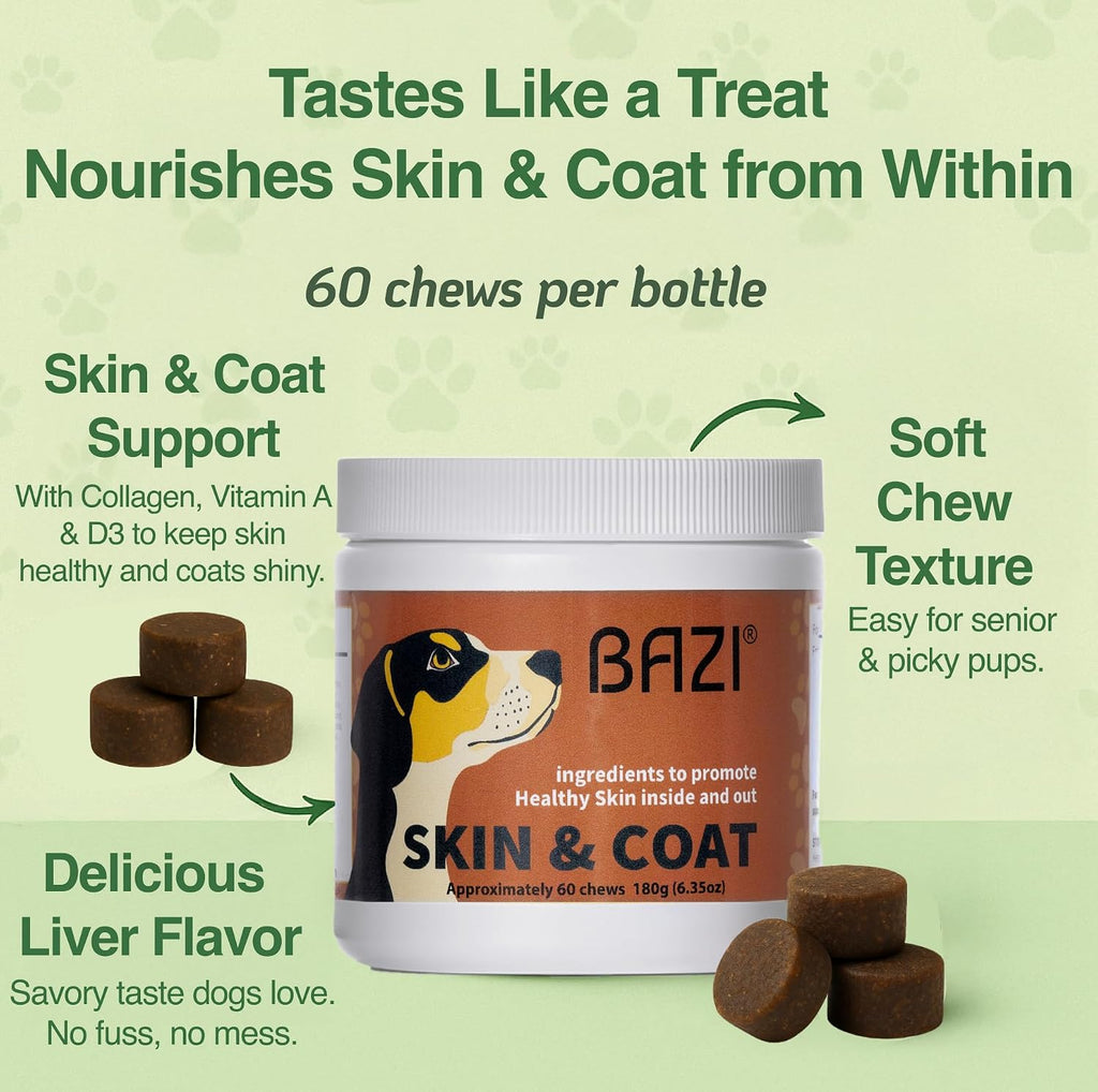 BAZI Masticables para Perros – Piel y Pelaje: Colágeno, Omega-3, EPA, DHA, Vitamina A y D3