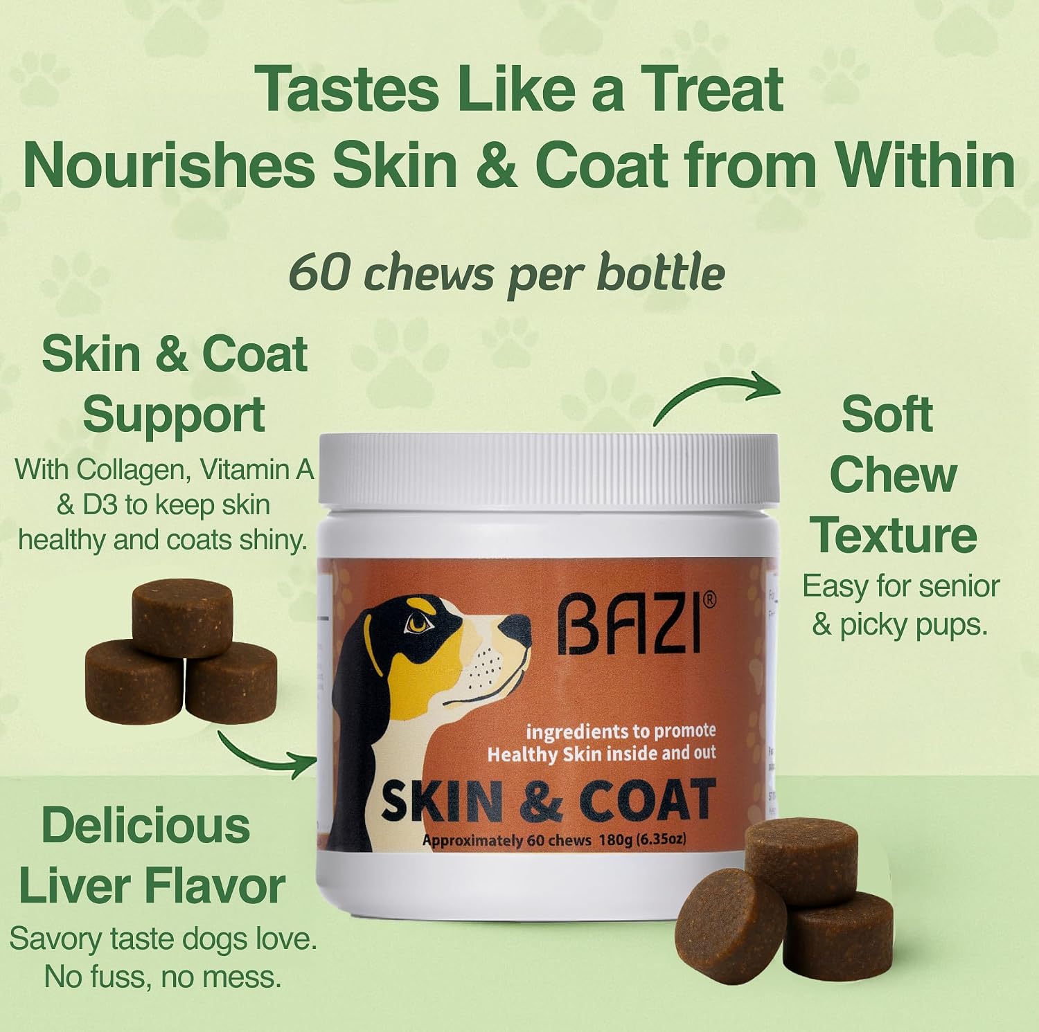 BAZI Masticables para Perros – Piel y Pelaje: Colágeno, Omega-3, EPA, DHA, Vitamina A y D3