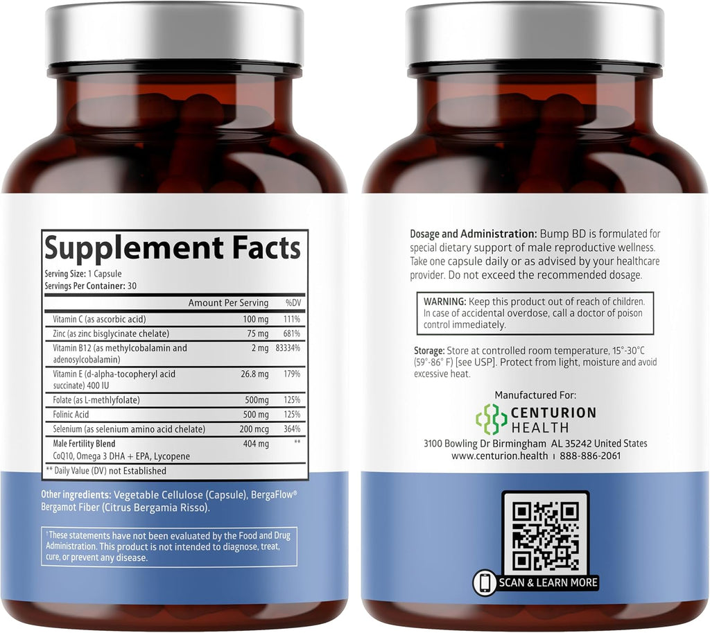 Centurion Health Bump BD - Suplemento de Fertilidad Masculina con Selenio, CoQ10, L-Metilfolato, DHA+EPA, 30 Cápsulas