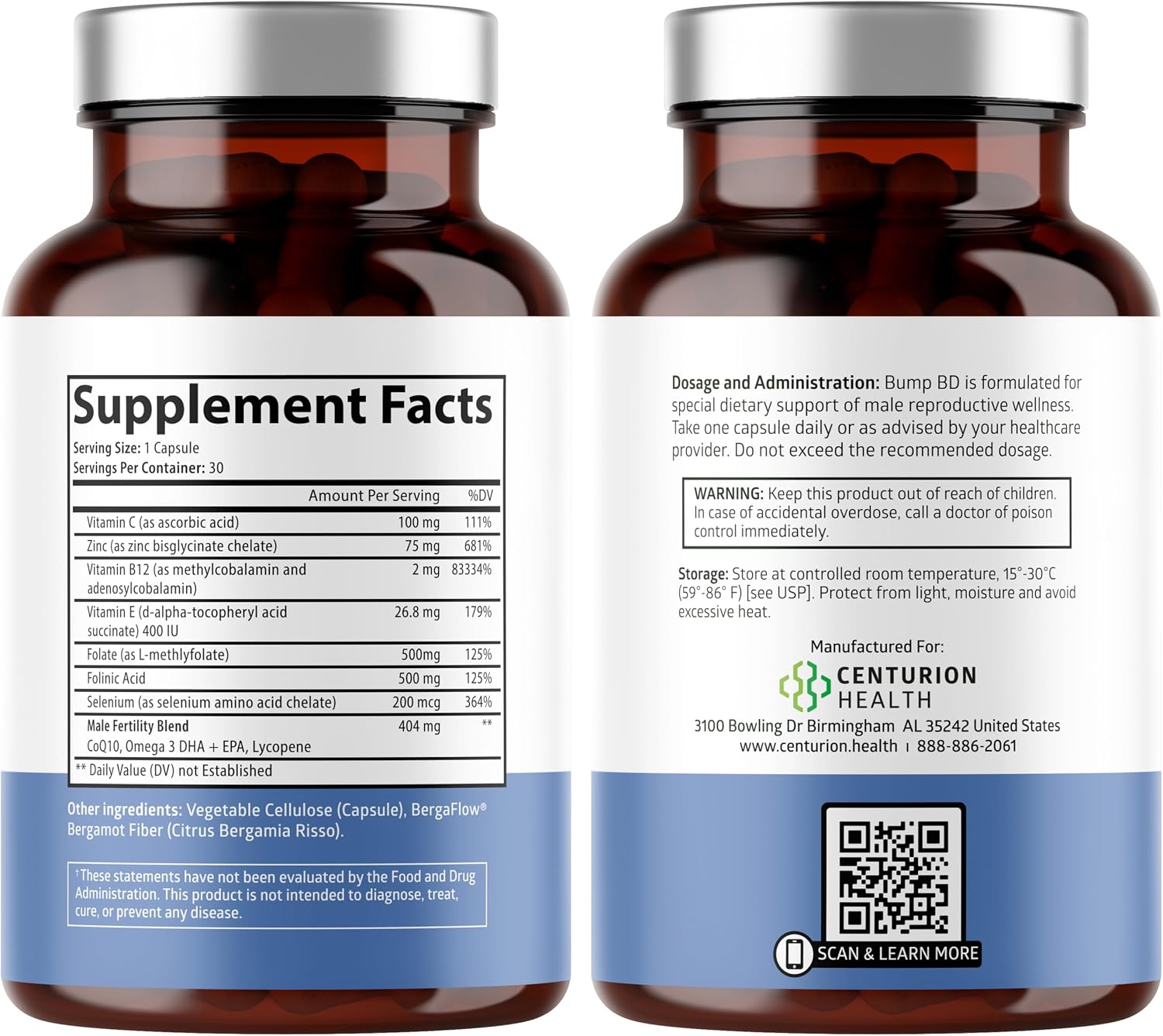 Centurion Health Bump BD - Suplemento de Fertilidad Masculina con Selenio, CoQ10, L-Metilfolato, DHA+EPA, 30 Cápsulas