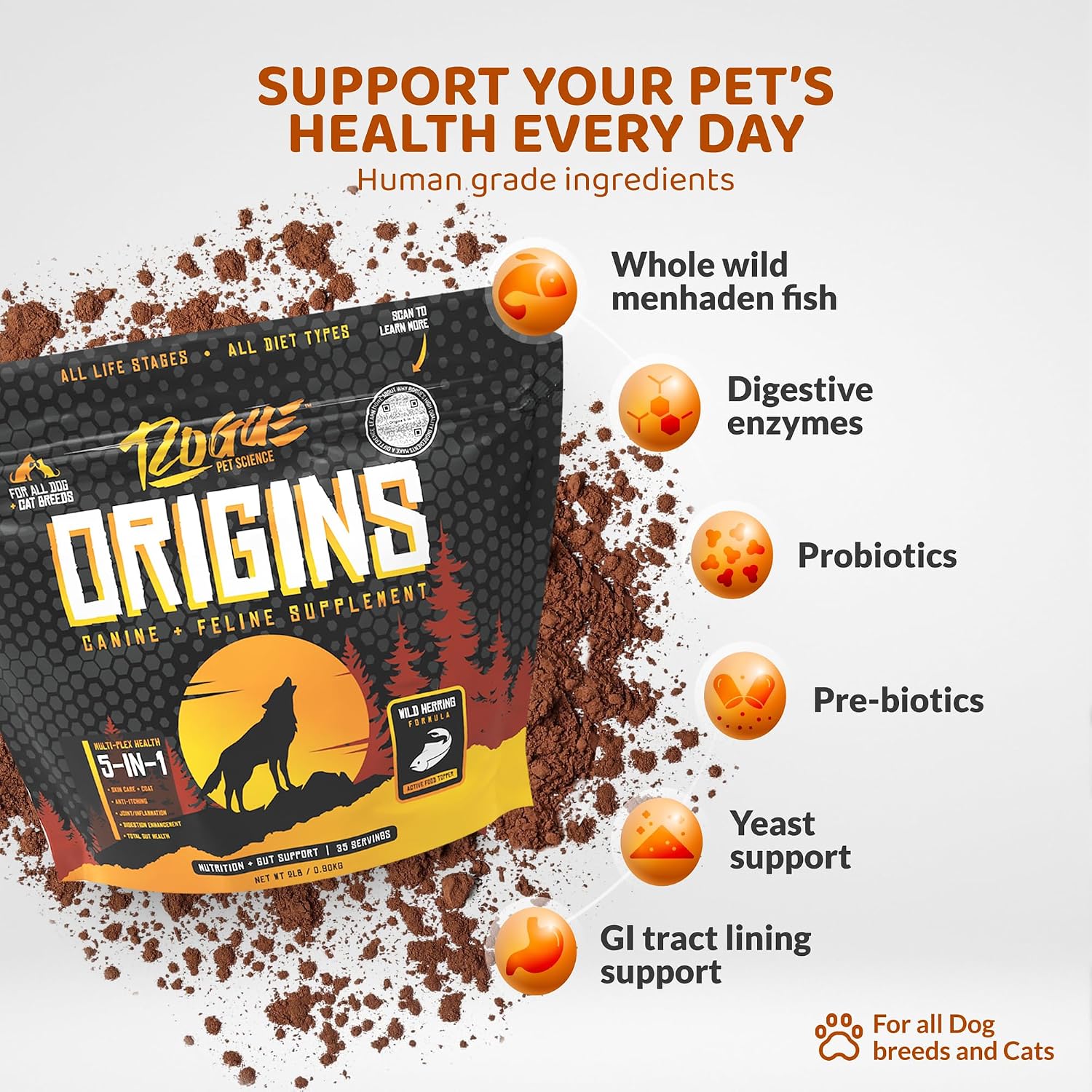 Origins 5-in-1 Suplemento para Perros - Polvo Alimenticio con Omega 3 - Apoya la Digestión, Piel y Articulaciones (2 libras)