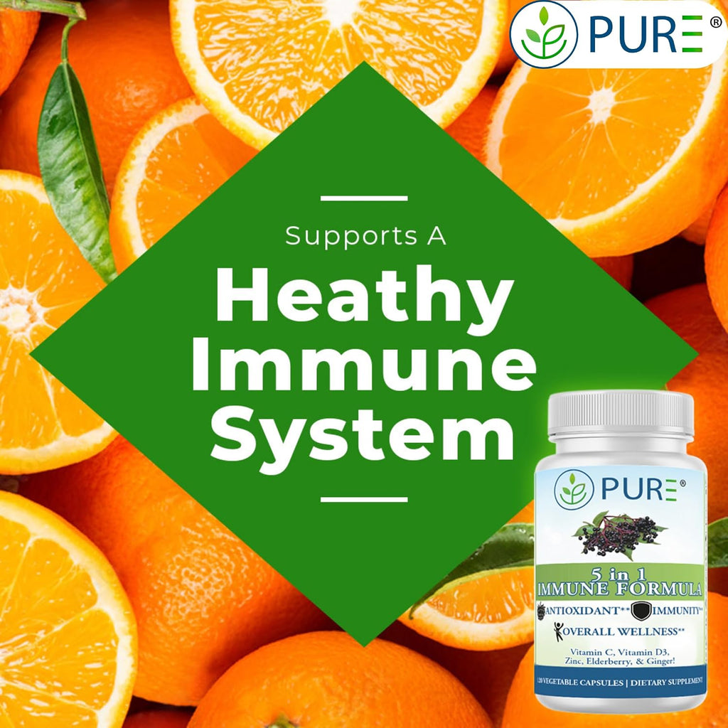 PURE 5 en 1 Fórmula Inmunitaria - 120 Cápsulas - Saúco Negro, Vitamina C, Vitamina D3, Zinc y Jengibre