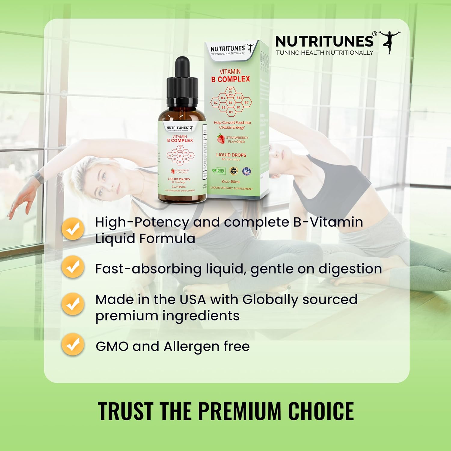 Complejo B Líquido de Alta Potencia – Gotas Completas de Vitaminas B – Sabor Fresa, Sin Azúcar, No GMO – 60 Porciones (60 ml)