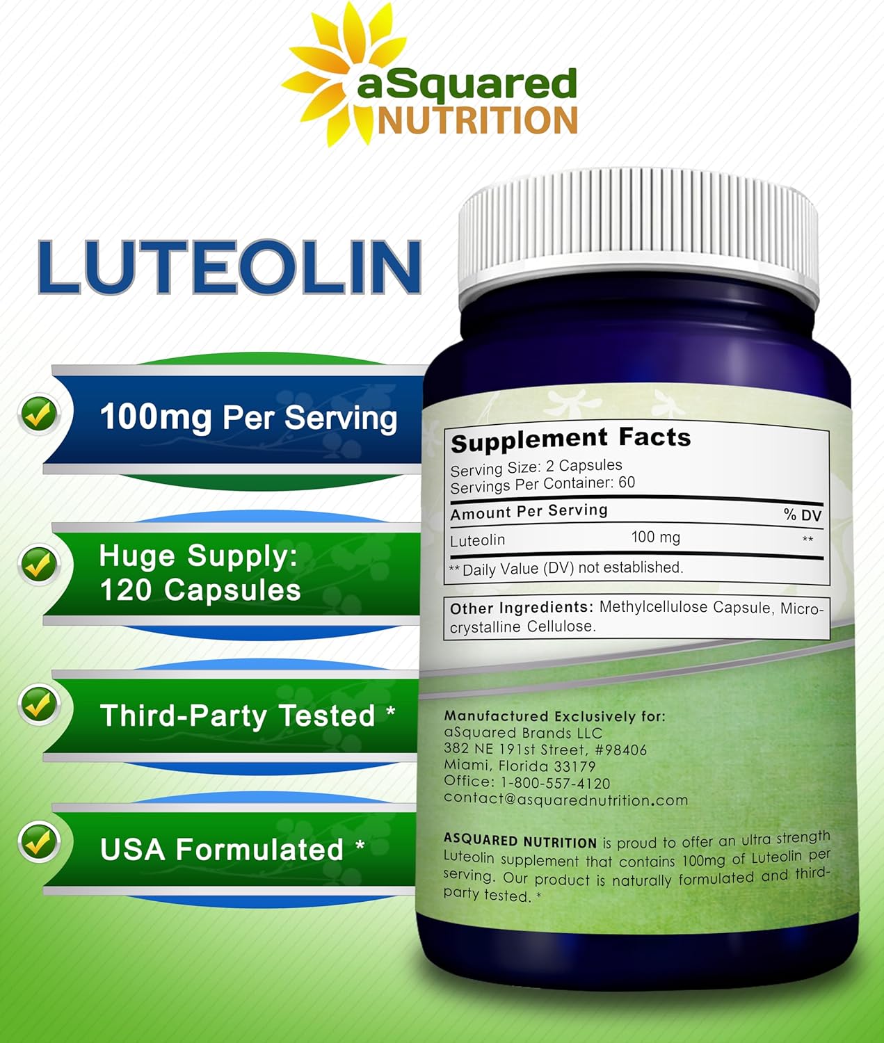 Luteolina 100mg - 120 Cápsulas - Suplemento de Luteolina con Complejo en Polvo