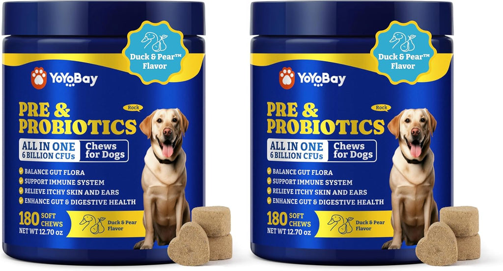 YoYoBay Probióticos para Perros - 6B UFC, Sabor a Pato y Pera - 2 Paquete (360 Chicles)