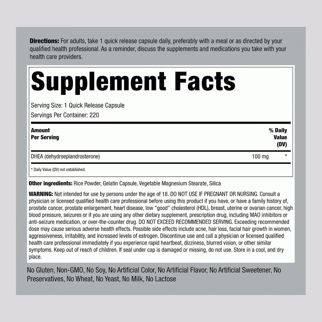 Piping Rock DHEA 100mg, 220 Cápsulas de Liberación Rápida