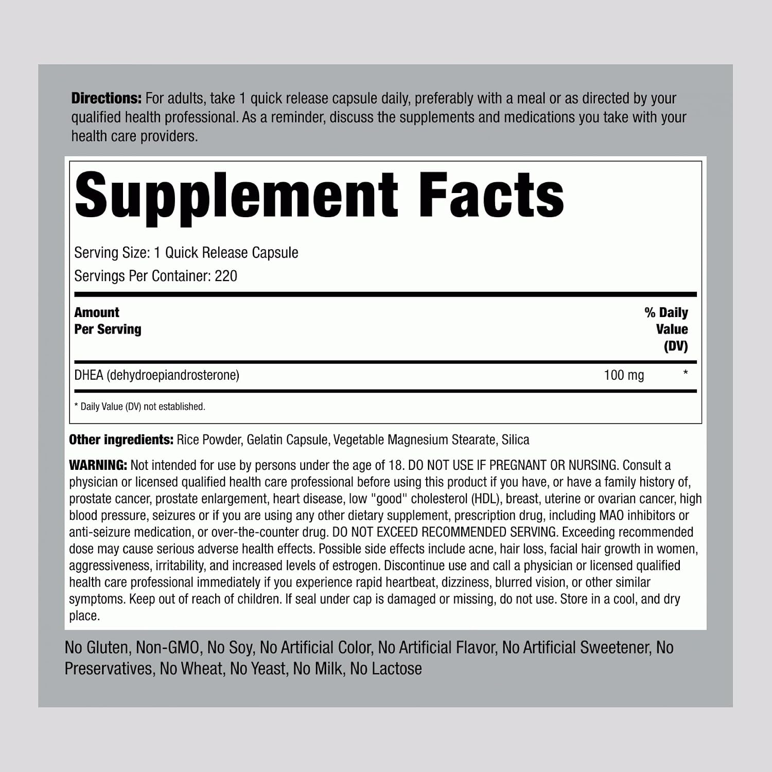 Piping Rock DHEA 100mg, 220 Cápsulas de Liberación Rápida