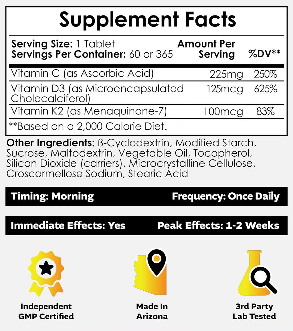 Nootropics Depot Vitamina D3+K2 con Vitamina C - 365 comprimidos - 125μg (5000 UI) - Año de suministro