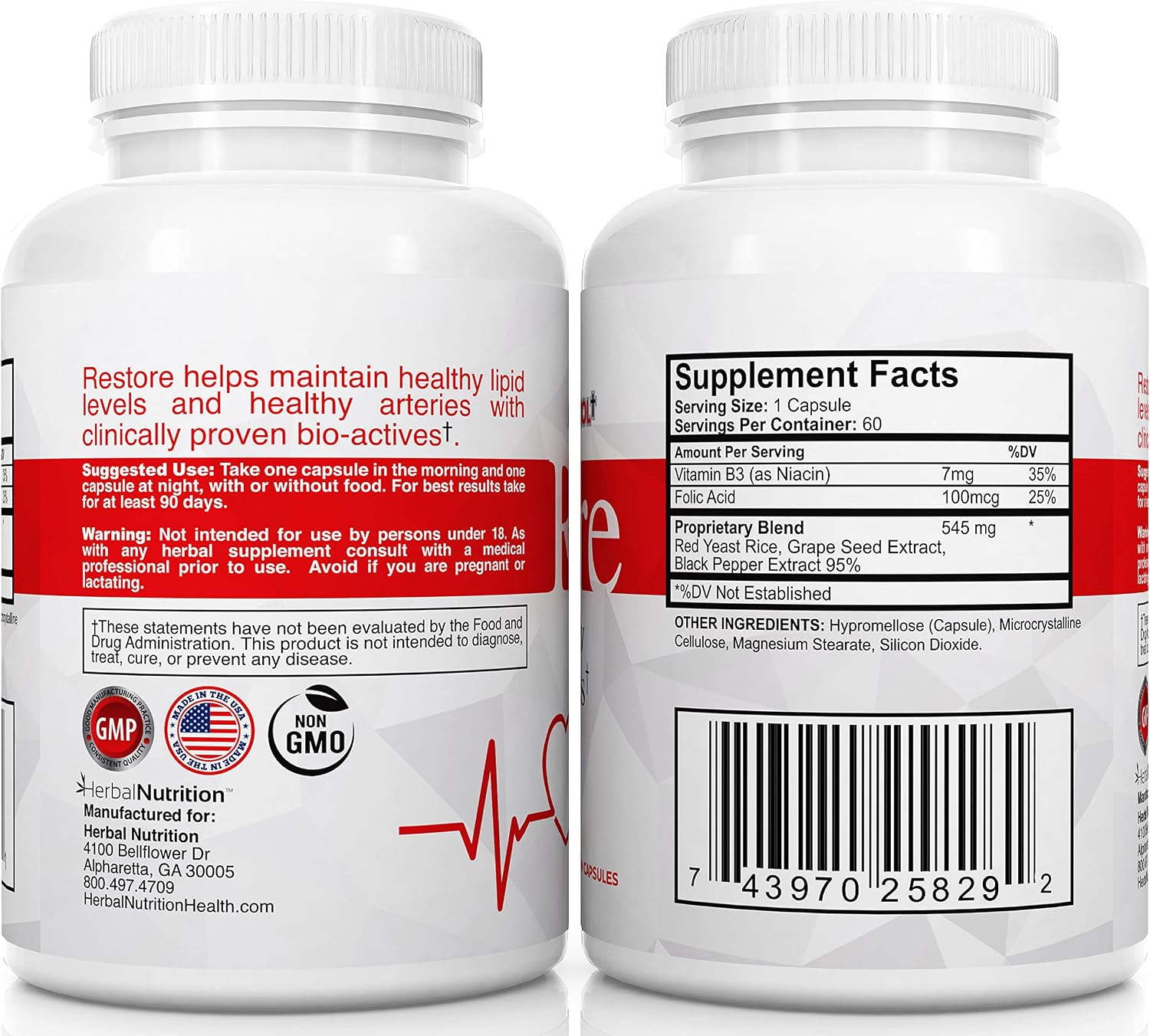 Herbal Nutrition Restore Heart Health & Cholesterol Support - 270 Cápsulas