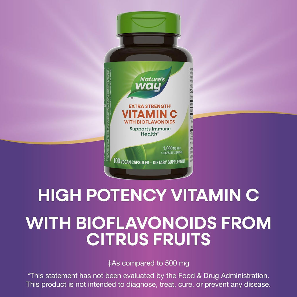 Nature's Way Vitamina C con Bioflavonoides - Extra Fuerte - 1000 mg de Vitamina C como Ácido Ascórbico - Bioflavonoides Cítricos - Sin Gluten y Sin Lácteos - 100 Cápsulas (Paquete de 2)