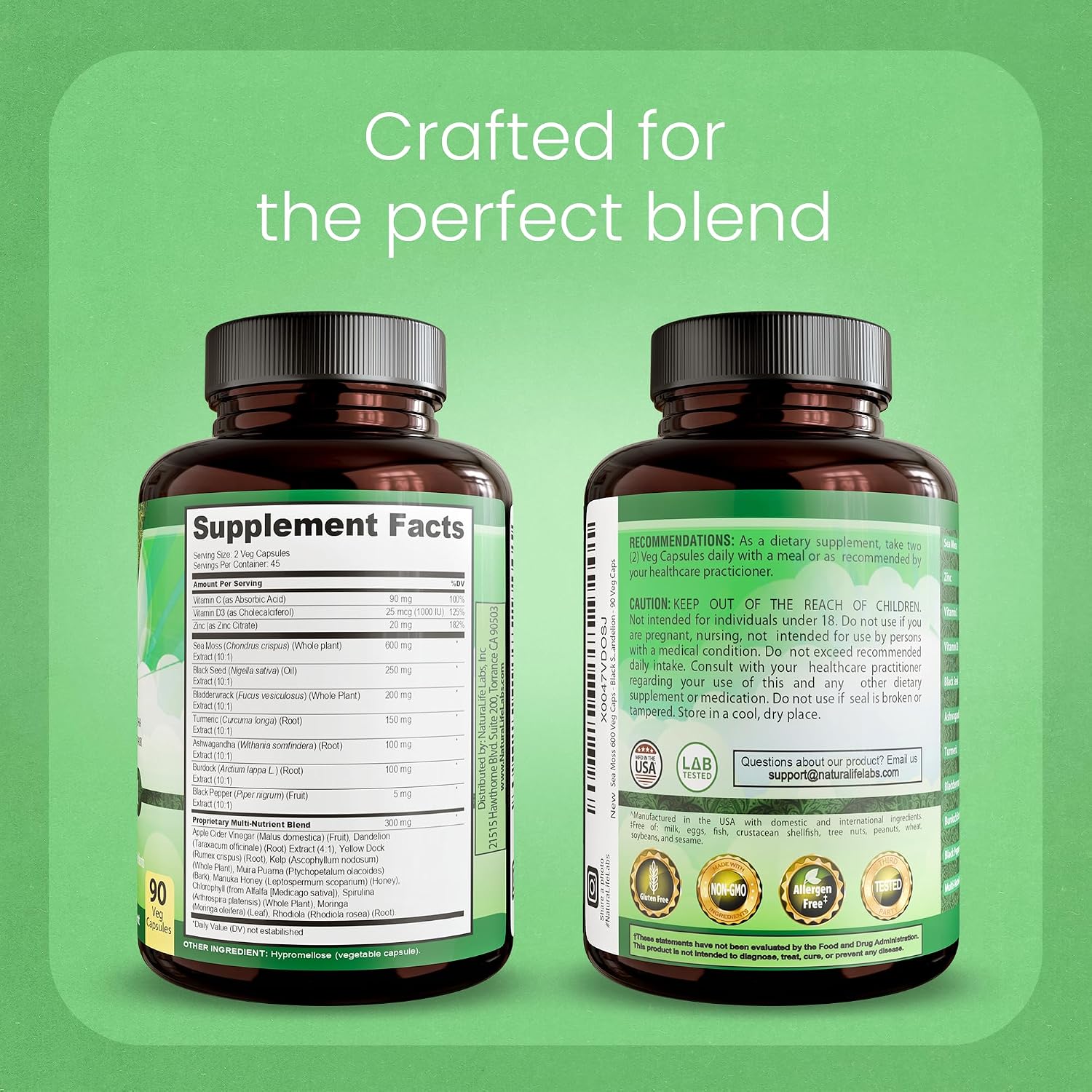 Sea Moss, Aceite de Semilla Negra, Bladderwrack, Cúrcuma, Ashwagandha, Bardana, Vitamina C, D3, Raíz de Yellow Dock, Manuka, Diente de León - 90 Cápsulas Veganas