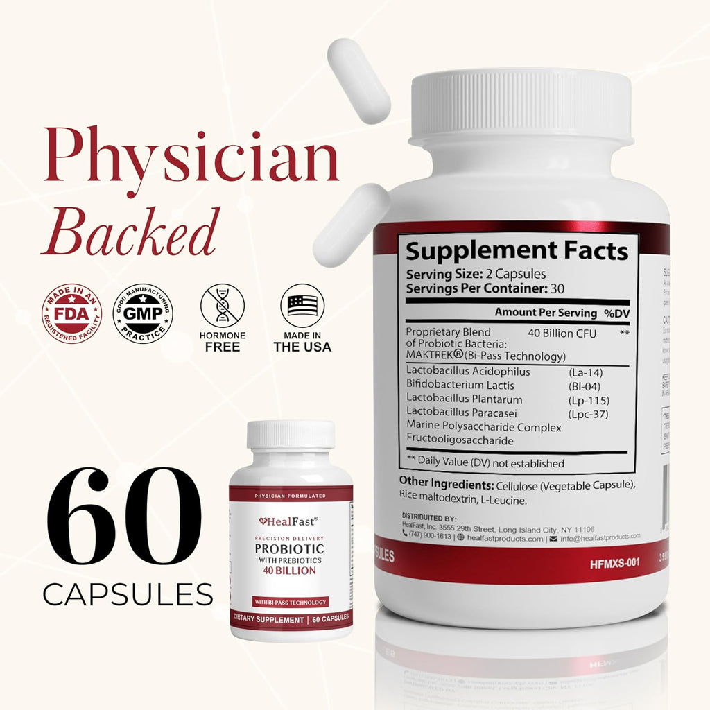 HealFast Probiótico 40 Mil Millones UFC - Prebióticos y Probióticos para Hombres y Mujeres - Salud Digestiva - No Transgénico y Vegano - 30 Días