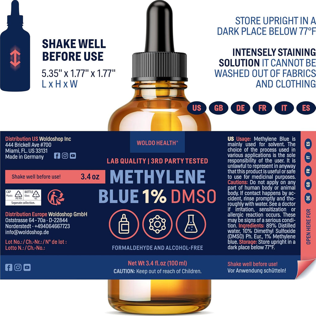 WoldoHealth DMSO 10% con Azul de Metileno 1% - Frasco de Vidrio de 100 ml con Cuentagotas, Libre de Formaldehído y Alcohol, Solución Analítica