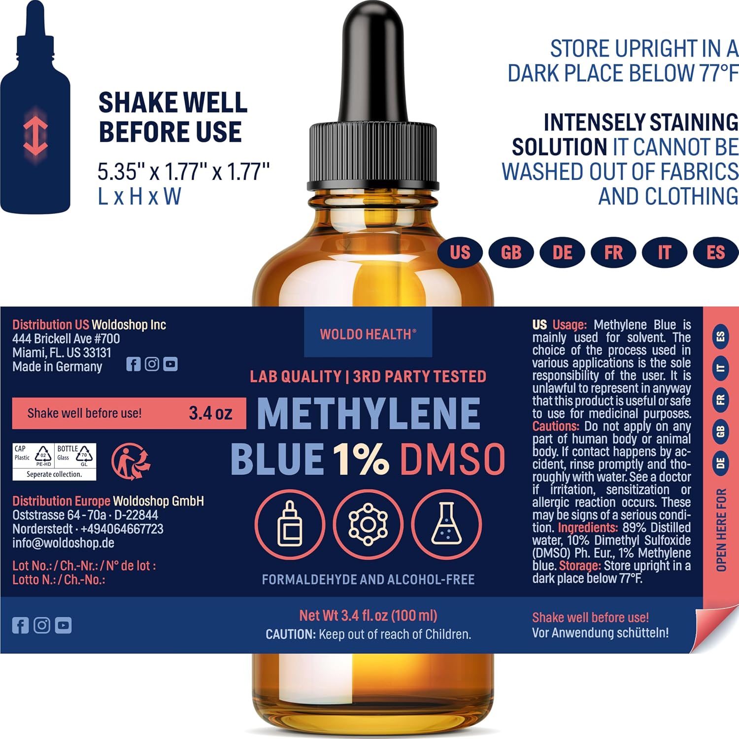 WoldoHealth DMSO 10% con Azul de Metileno 1% - Frasco de Vidrio de 100 ml con Cuentagotas, Libre de Formaldehído y Alcohol, Solución Analítica